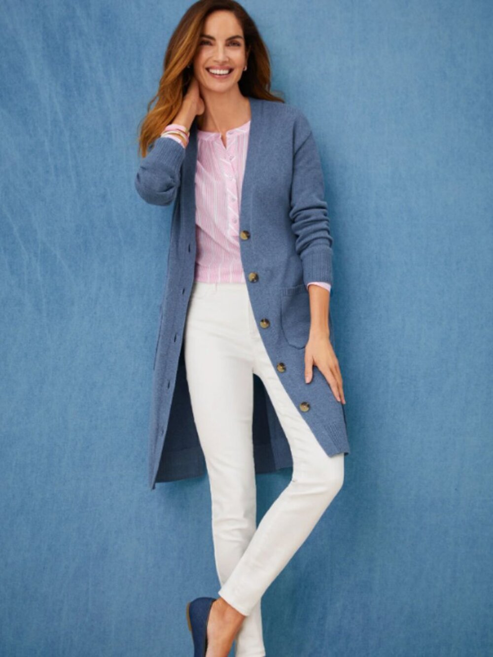 Talbots Blue Long-Lined Cotton Linen Modal Blend Button-Front Cardigan Sweater L
